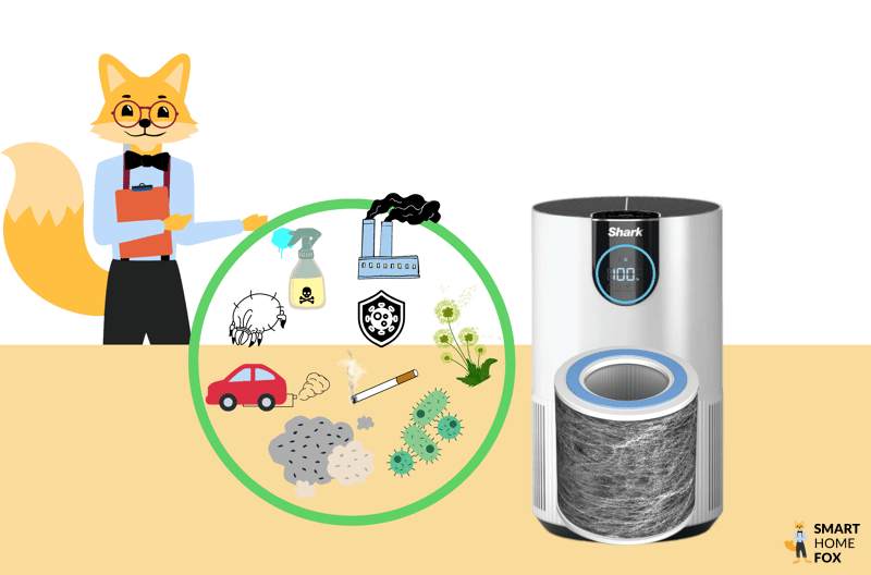 Der Smart Home Fox zeigt, welche schädlichen Luftpartikel und Gase die Filtereinheit des Shark HP100EU Luftreinigers filtert.